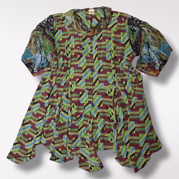 URU Silk Art Wear Dress Made In USA Asymmetrical Boho Patchwork One Size - Picture 9 of 10